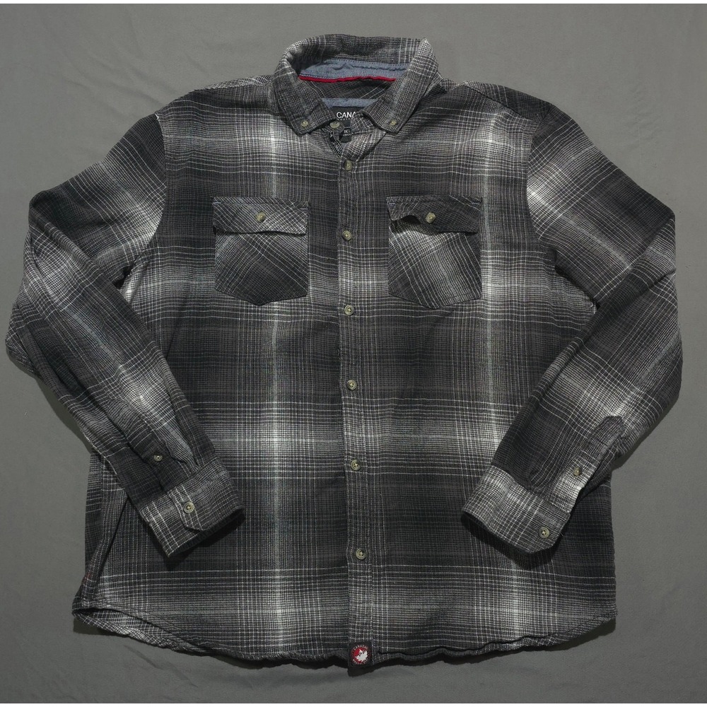 Canada Weathergear Mens Flannel Shirt Large Grey Plaid Button Up Long Sleeve